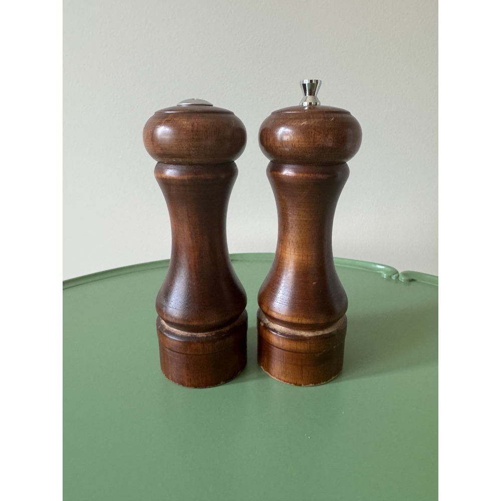 Vintage Mr. Dudley Solid Wood Pepper Grinder Mill & Salt Shaker Set Brown